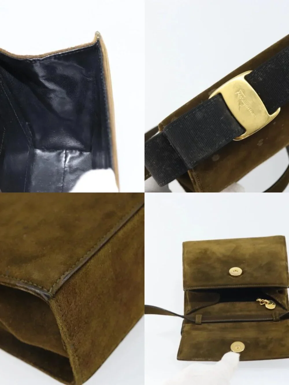 Salvatore Ferragamo Vala Shoulder Bag Suede 2way Green Gold Auth BA9381